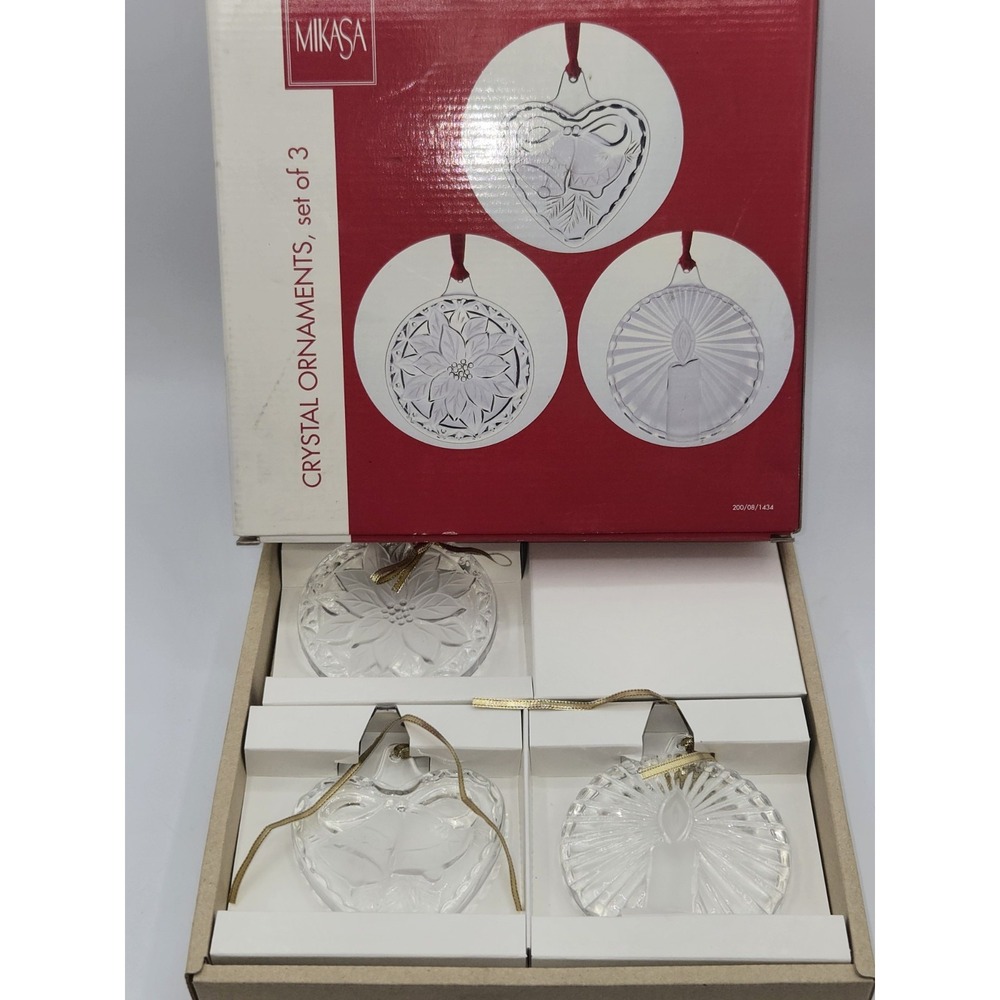 Mikasa Crystal Christmas Ornaments Set of 3 Poinsettia Bells Candle Boxed